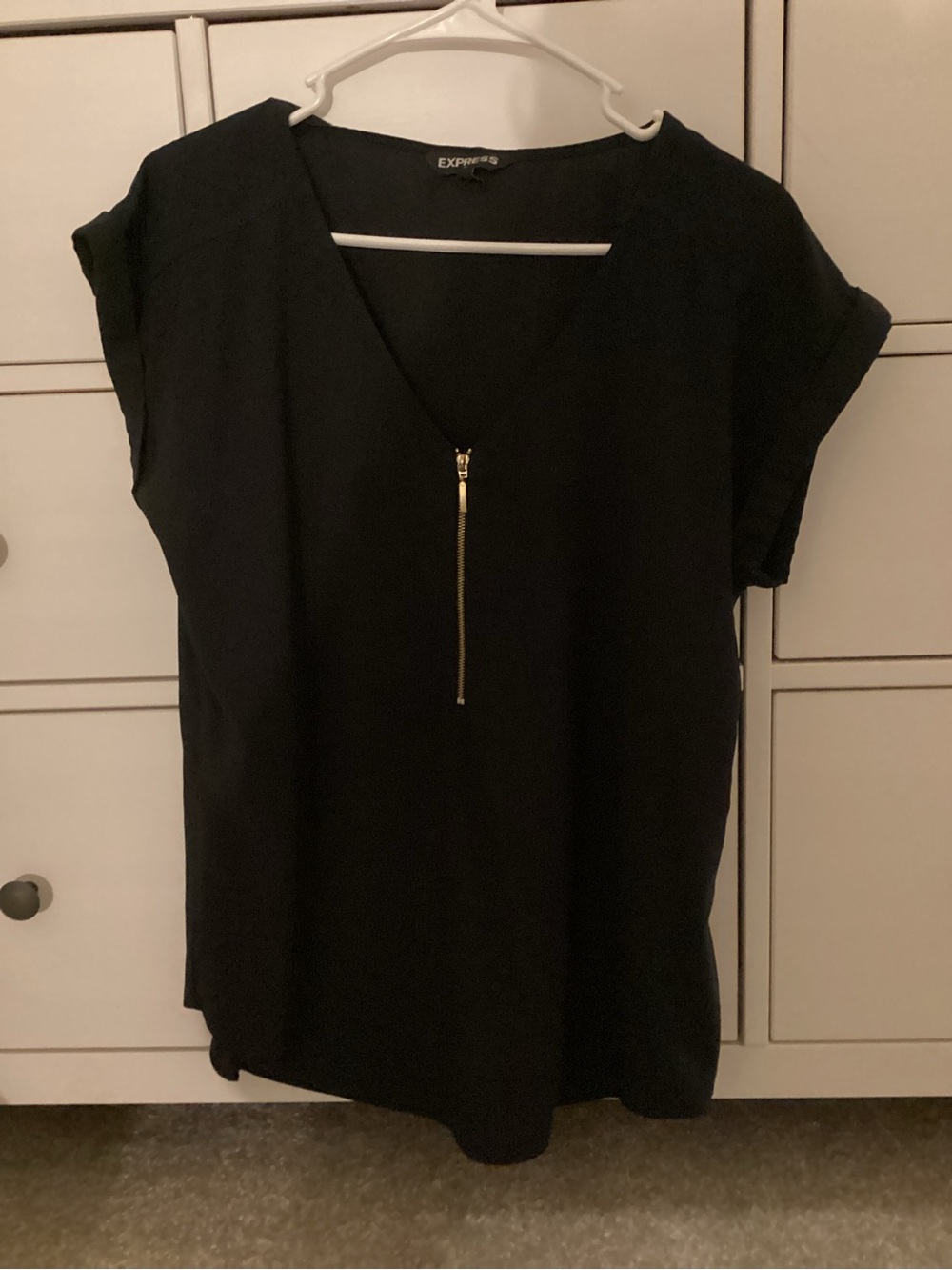Express Black V-Neck Top with Gold Zip Detail